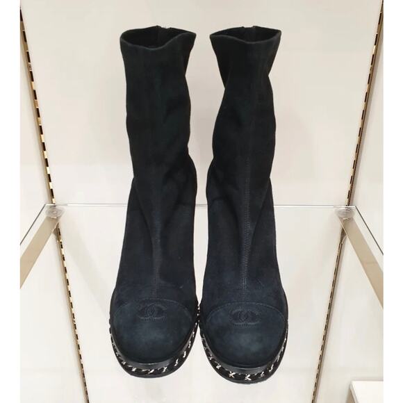 Chanel 2010 Interlocking CC Logo Black Suede Sock Boots Sz.40 - Picture 2 of 11